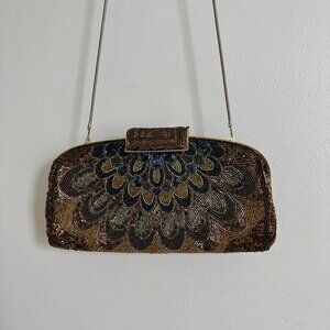 Beautiful vintage beaded clutch bag peacock 20's 70's Regale